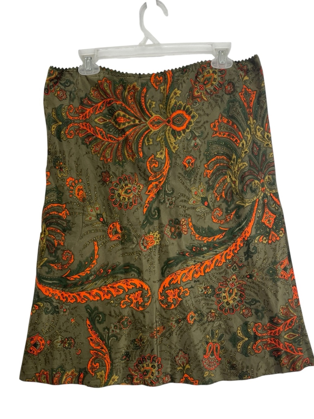 NY&Co. 100% Silk Midi Skirt Paisley 90s Olive Boho Earthtone Witchy LG Grunge - Picture 10 of 13